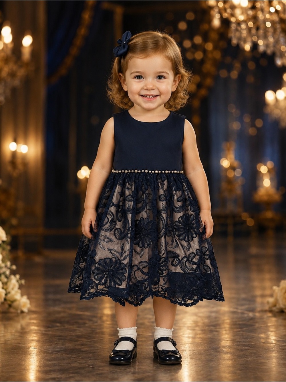 Bonnie Jean Girls 2T Navy Floral Lace Pearl Special Occasion Dress EUC